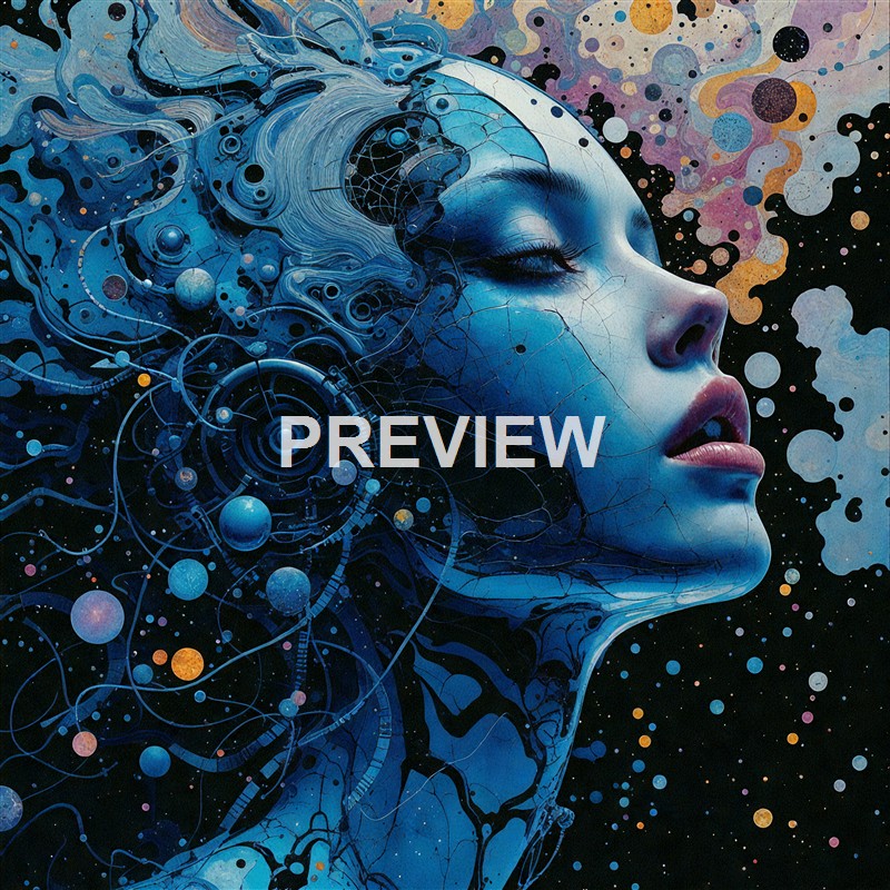 A digital artwork of a woman's face with closed eyes, blending organic and mechanical elements in shades of blue, with intricate circuitry and cosmic patterns surrounding her.
